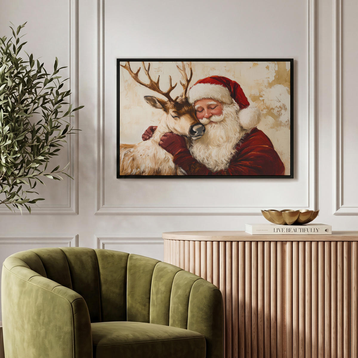 LEINWAND Bilder mit Rahmen - Weihnachtsmann - Rentier - Weihnachten - 60x40 - Rotbraun, Textil (60/40cm) - MuchoWow