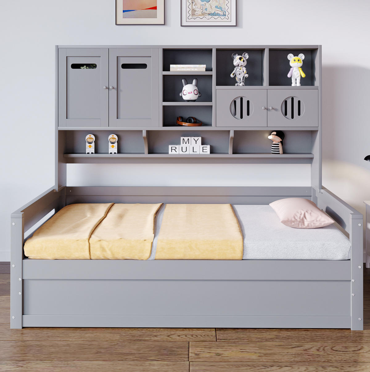 BETT 90/200 cm mit hydraulischem Bettkasten und multifunktionalem Stauraum, Grau - Grau, Holzwerkstoff (90/200cm) - Redom