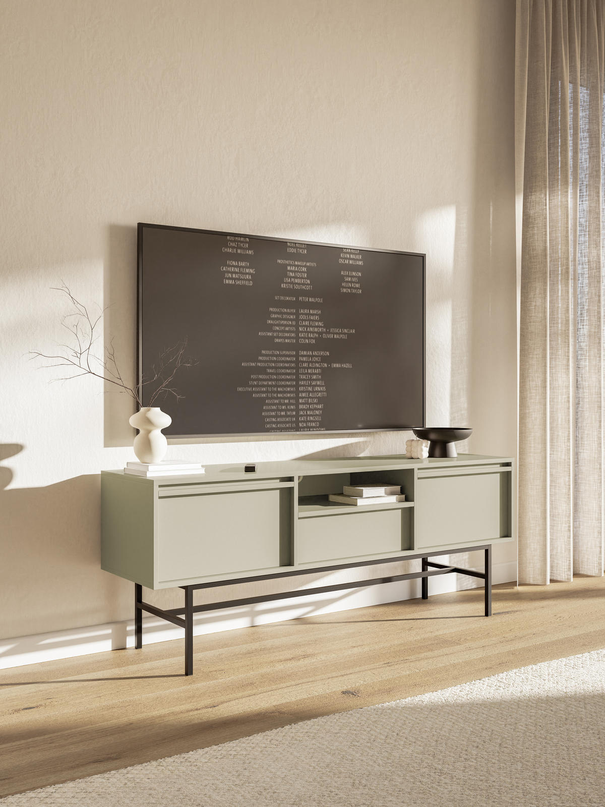 TV-SCHRANK Evo Graubeige mit Metallgestell 154 cm - Greige/Schwarz, Holzwerkstoff/Metall (154/59.8/39cm) - Selsey
