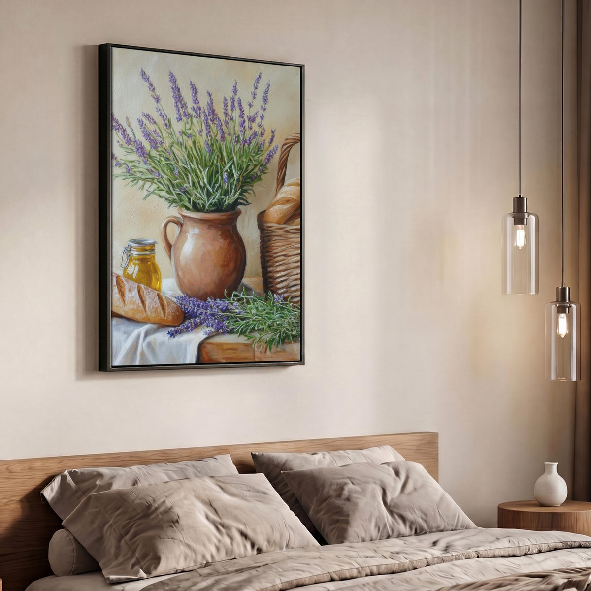 LEINWAND Bilder mit Rahmen - Lavendel - Brot - Stilleben - 70x100 - Flieder, Textil (70/100cm) - MuchoWow