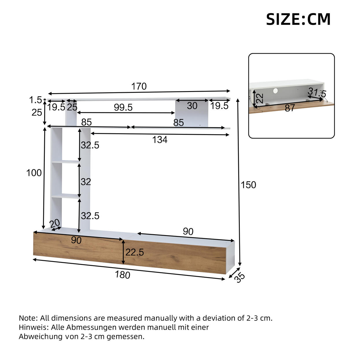 TV-SCHRANK hängend/stehend in Weiß/Eiche 180/35/22.5 cm - Eichefarben, Holzwerkstoff (180/22.5/35cm) - Redom