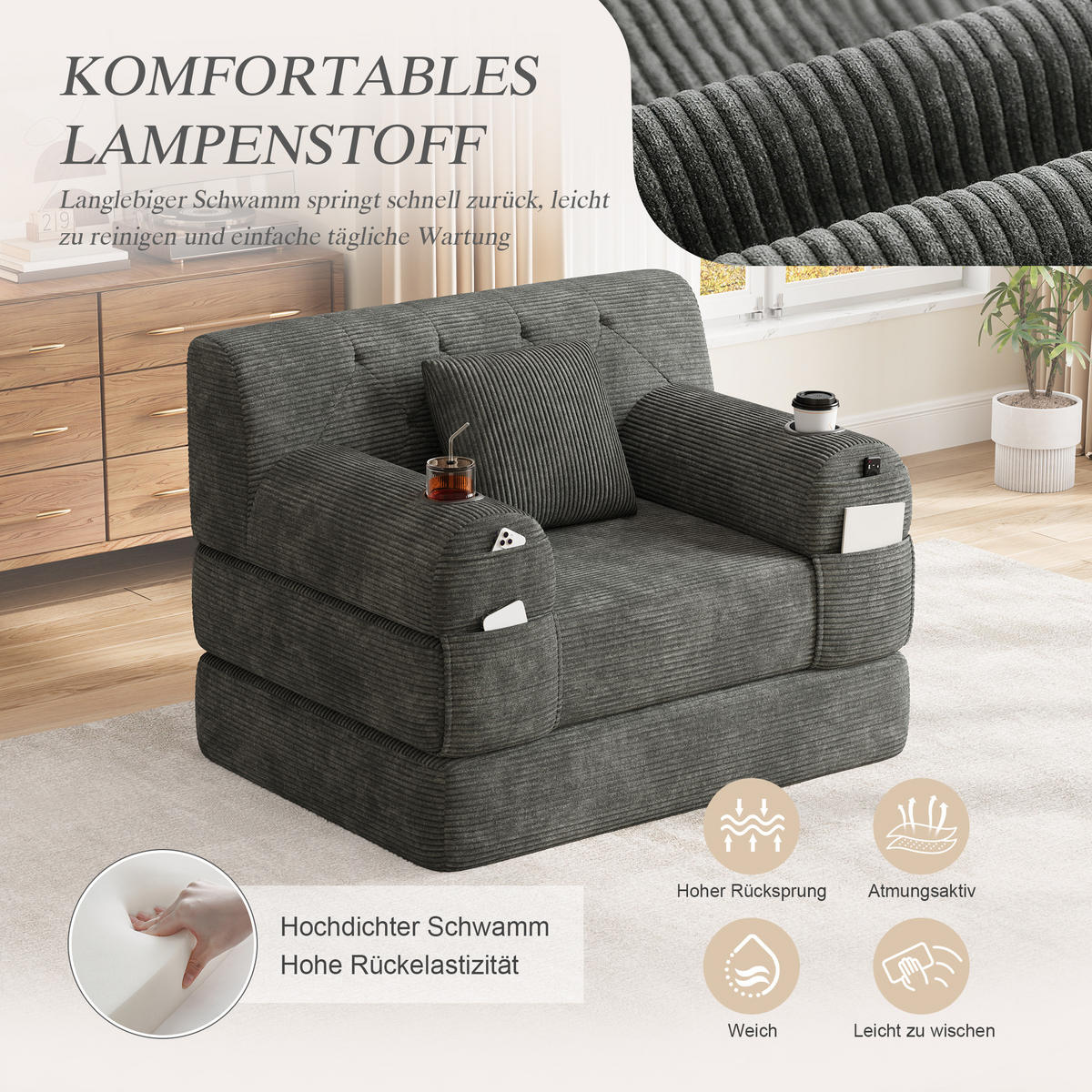 SCHLAFSESSEL Cord komprimiert, DE-42543, Dunkelgrau - Dunkelgrau, Metall (107/81/80cm) - ComfortXL