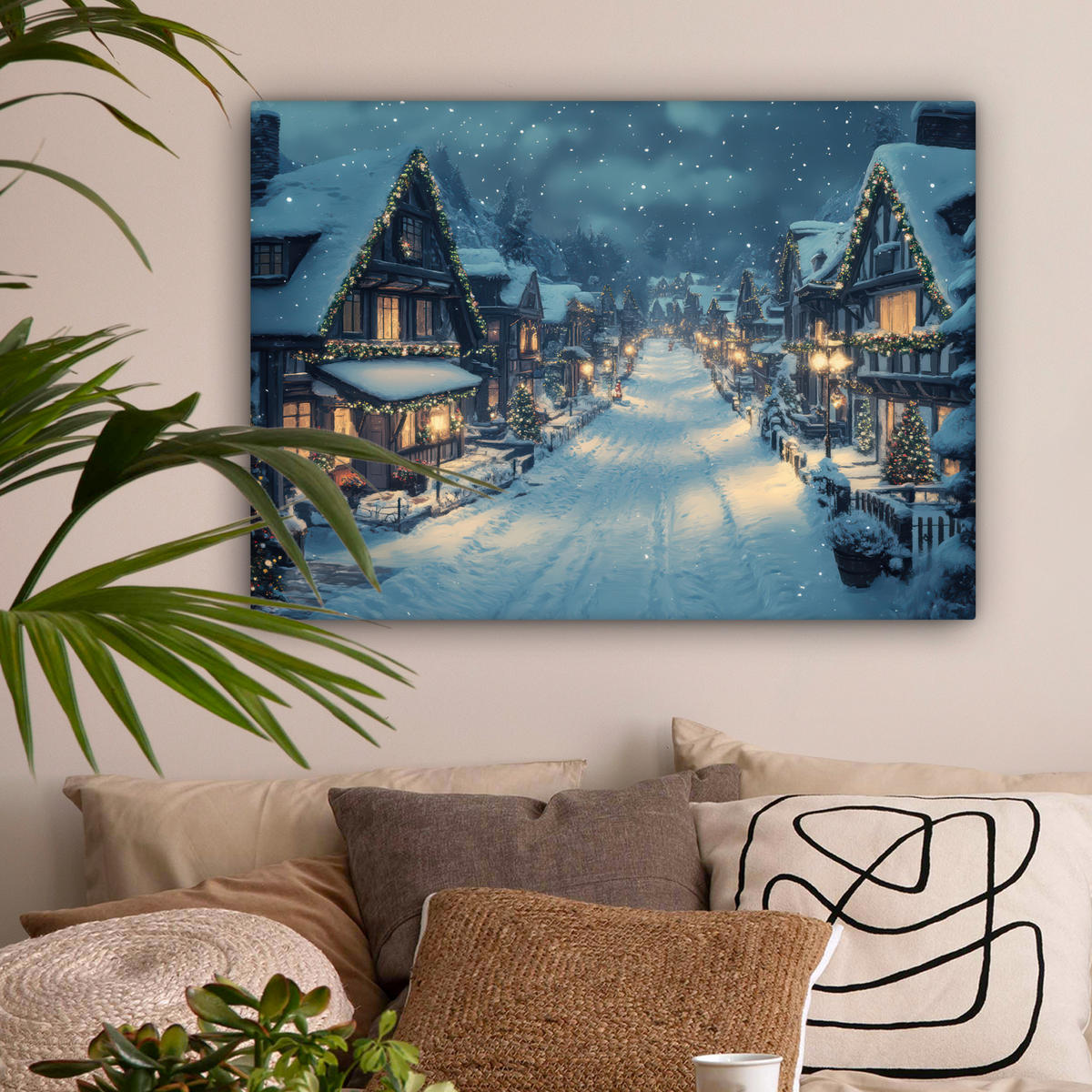 LEINWANDBILD Weihnachtsdorf - Weihnachten - Schnee - Winter Wandbilder 80x60 cm - Dunkelblau, Textil (80/60cm) - MuchoWow