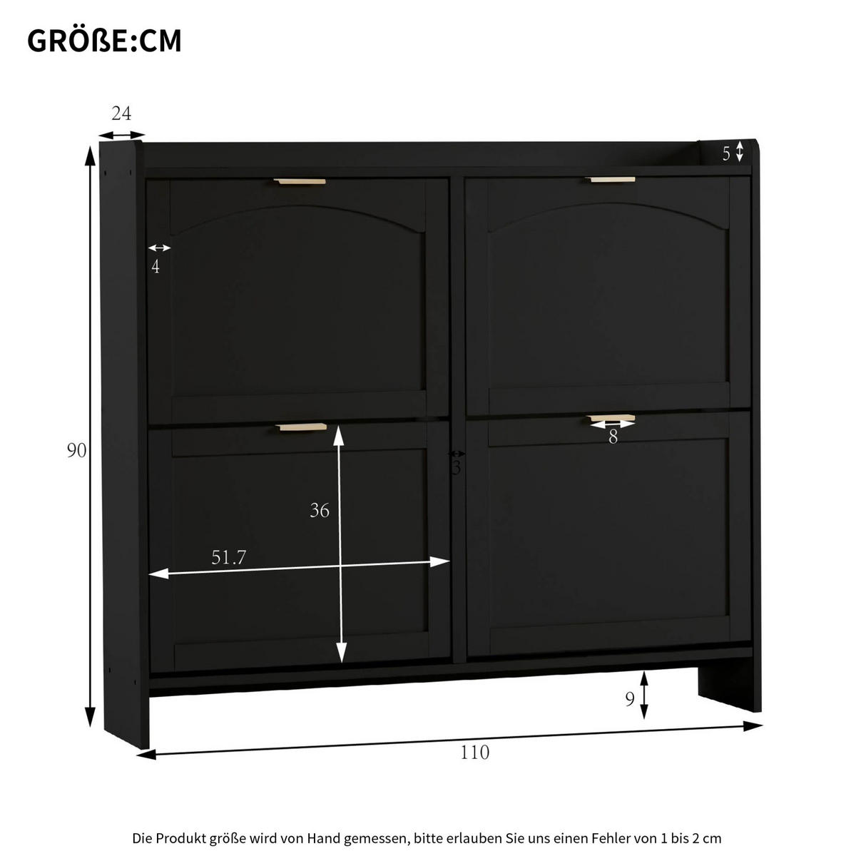SCHUHSCHRANK mit 4 Klappenfächern 110 x 90 x 24 cm Schwarz - Schwarz, Holz (24/90/110cm) - Beauniv