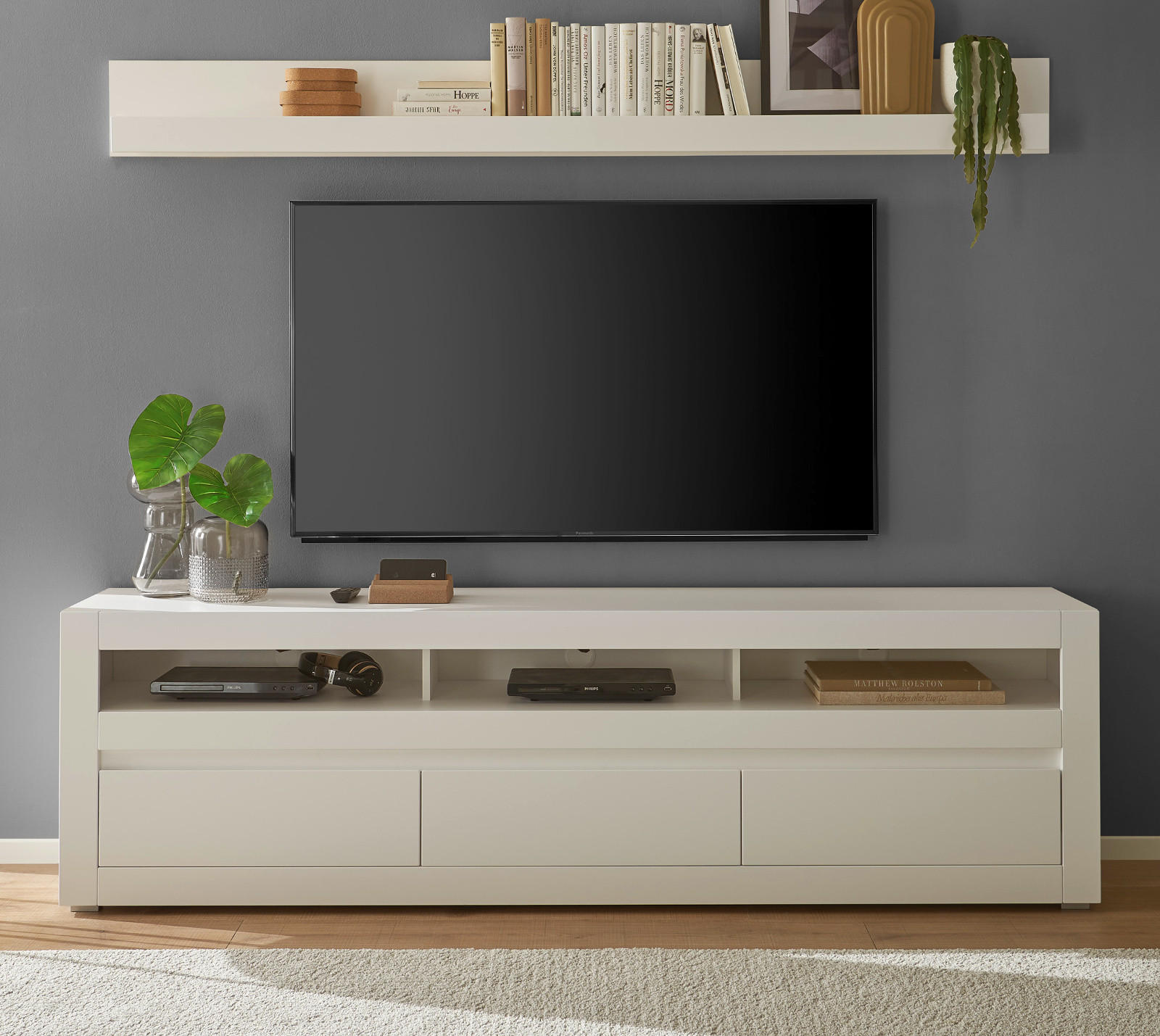 WOHNZIMMER-SET Wandboard weiß matt, Evoke Eiche, Set 2-teilig 217 cm - Eichefarben/Silberfarben, Holz/Holzwerkstoff (217/180/42cm) - Furn.Design
