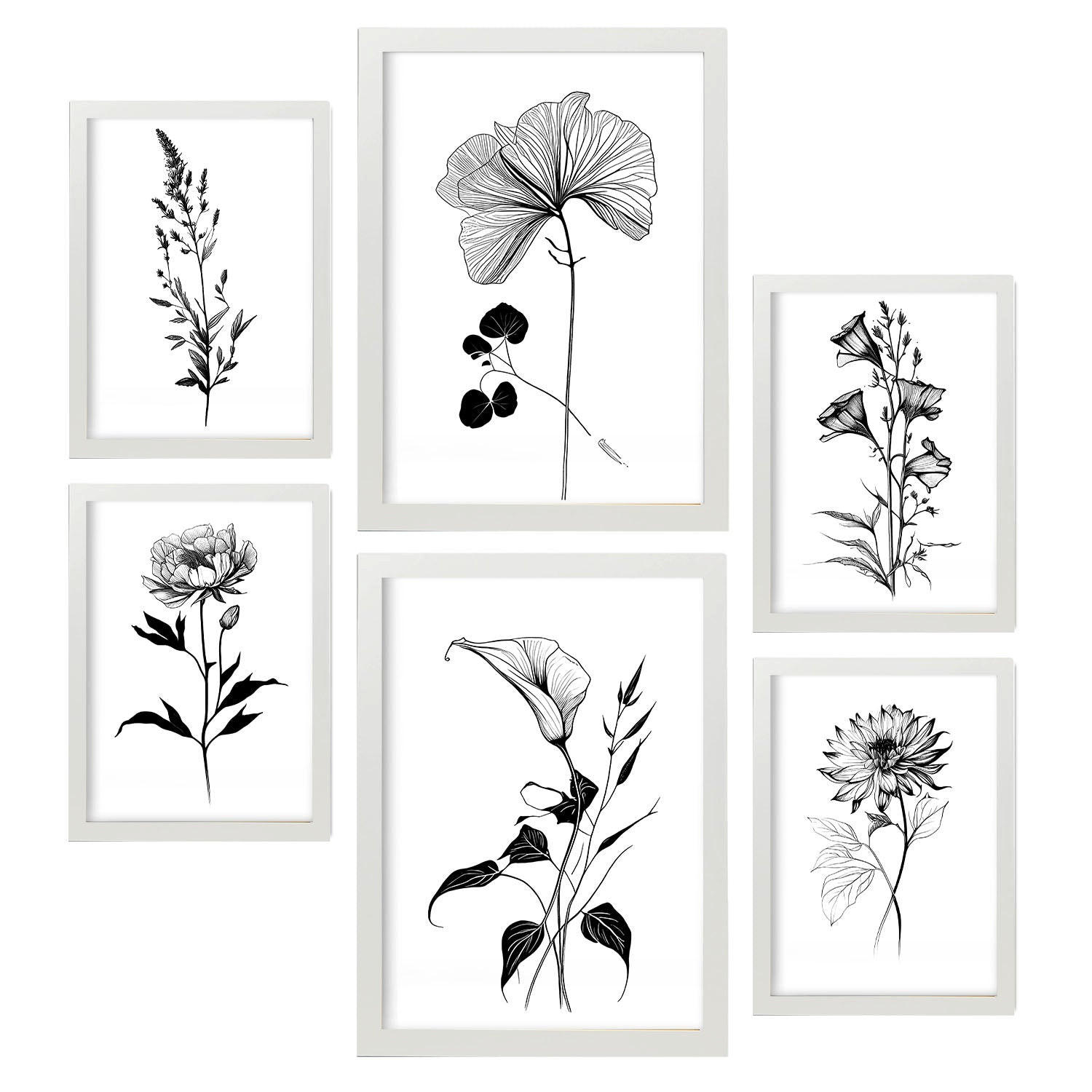 POSTER Set Mit 6 Belaubte Blumen Natur Und Botanikdrucke Mit Blumenmotiven In Klassischem Schwarz Und Weiß Innenarchitektur A3 & A4 Weißer Rahmen - Weiß, Papier (29/3cm) - Nacnic