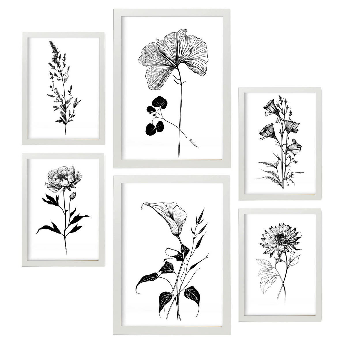POSTER Set Mit 6 Belaubte Blumen Natur Und Botanikdrucke Mit Blumenmotiven In Klassischem Schwarz Und Weiß Innenarchitektur A3 & A4 Weißer Rahmen - Weiß, Papier (29/3cm) - Nacnic