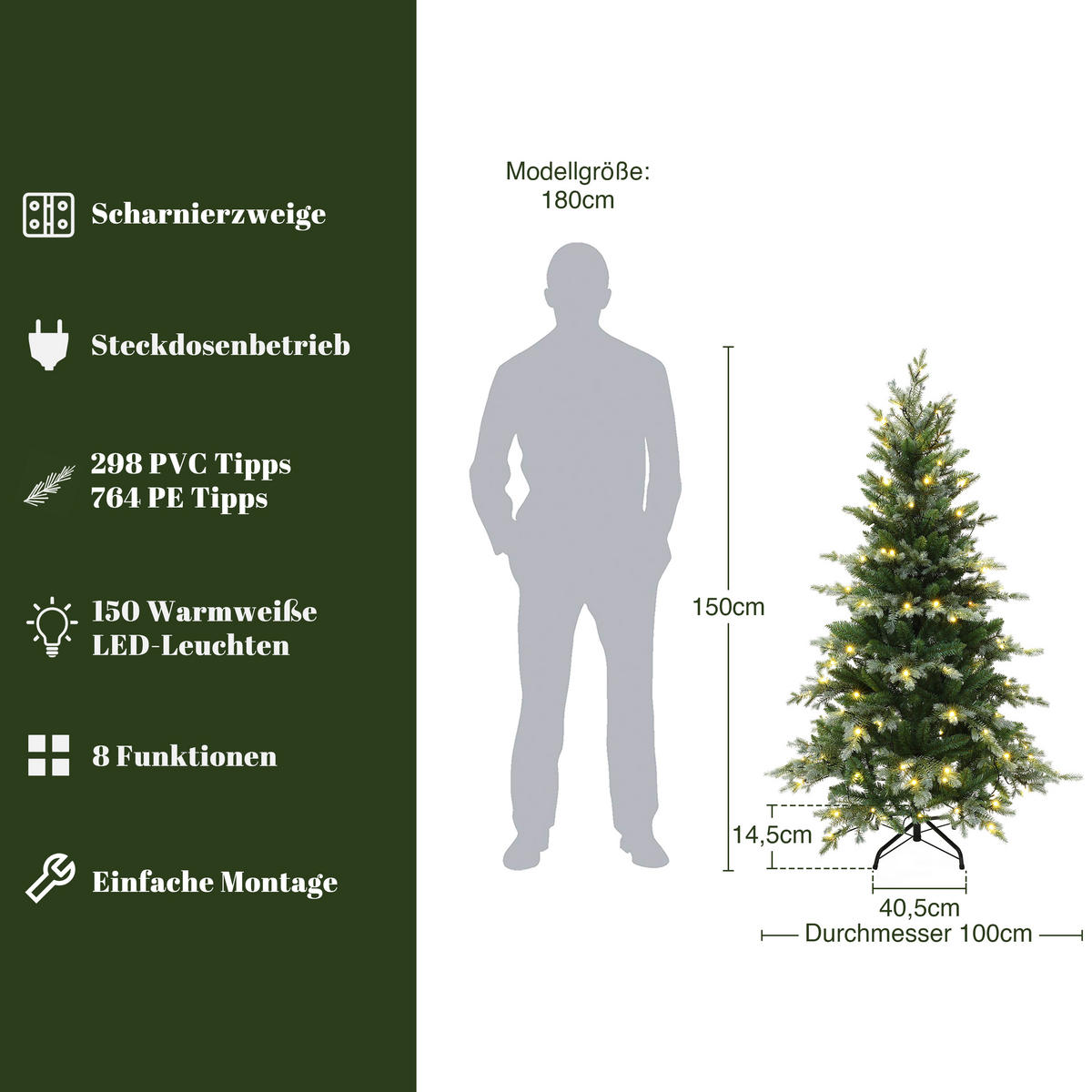 KÜNSTLICHER Weihnachtsbaum 150 cm mit Beleuchtung,8 Lichtmodi - Grün, Kunststoff (100/150/100cm) - Hometopia