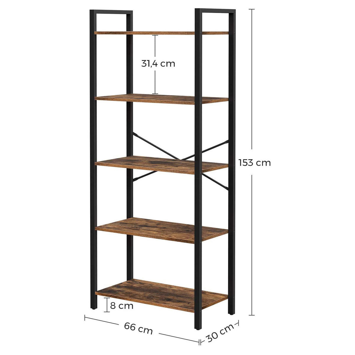 BÜCHERREGAL Rustikales Braun 66x30 cm LLS061B01 Stabile Stahlkonstruktion - Schwarz, Metall (66/153/30cm)