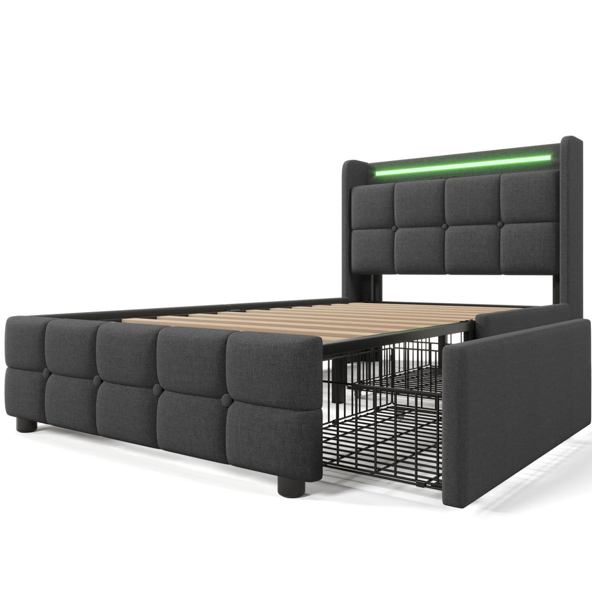 POLSTERBETT mit USB, LED und 2 Schubladen 90x200 cm Grau - Grau, Holz (90/200cm) - Meubliv