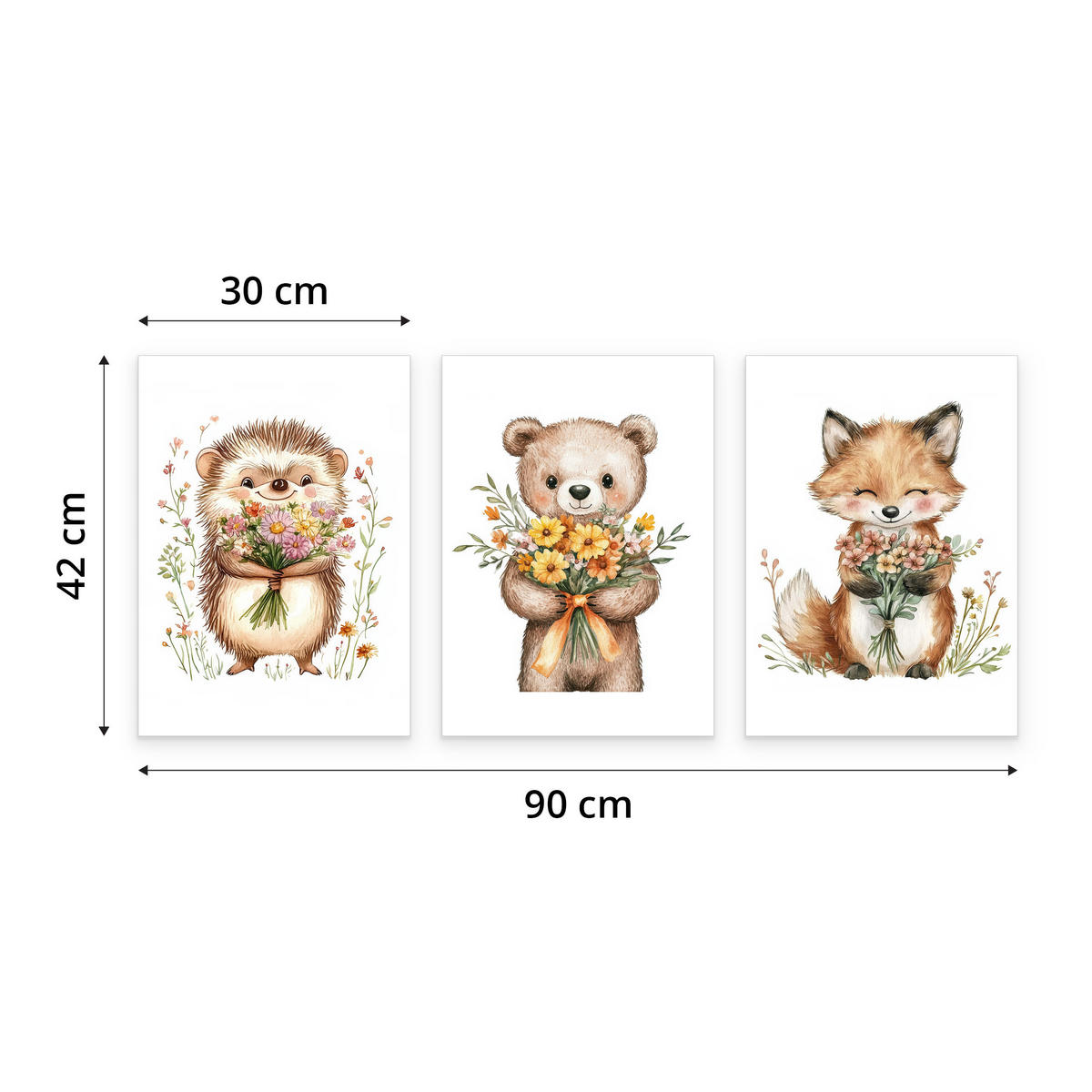 POSTER SET ohne Rahmen für Kinder WALDTIERE Blumen Pflanzen 3x Poster A3 30x42cm - Gelb/Beige, Papier (30/42/1cm) - Muralo