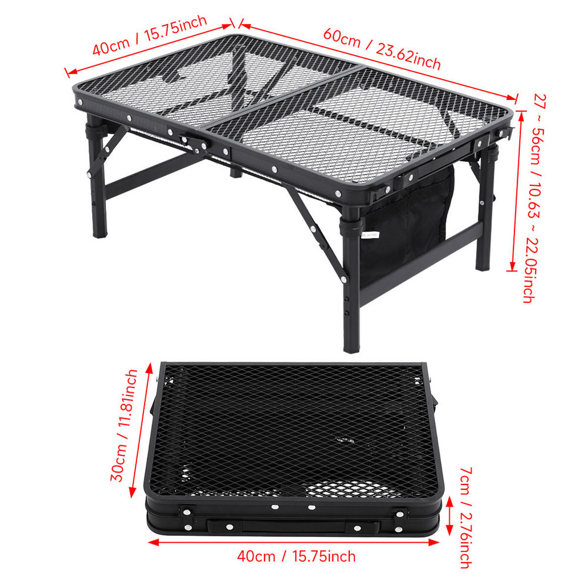 CAMPINGTISCH aus Aluminiumlegierung Eisen in Schwarz klappbarer Rechteckig Gitter-Tischplatte Felsenfeste Stabilität 60 cm B x 40 cm T x 27/56 cm - Schwarz, Metall (40/60/27cm) - Livingandhome
