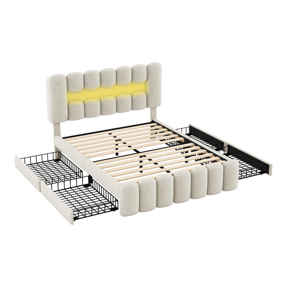 POLSTERBETT aus Samt 160x200 cm in Beige mit LED, USB, Lautsprechern & 4 Schubladen - Beige, Textil (160/200cm) - Modfu