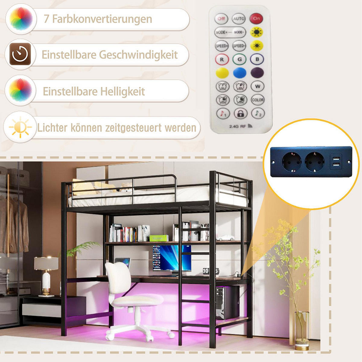 HOCHBETT 90x200cm mit usb und Steckdose, Metall, schwarz - Schwarz, Metall (90/200cm) - KOMHTOM