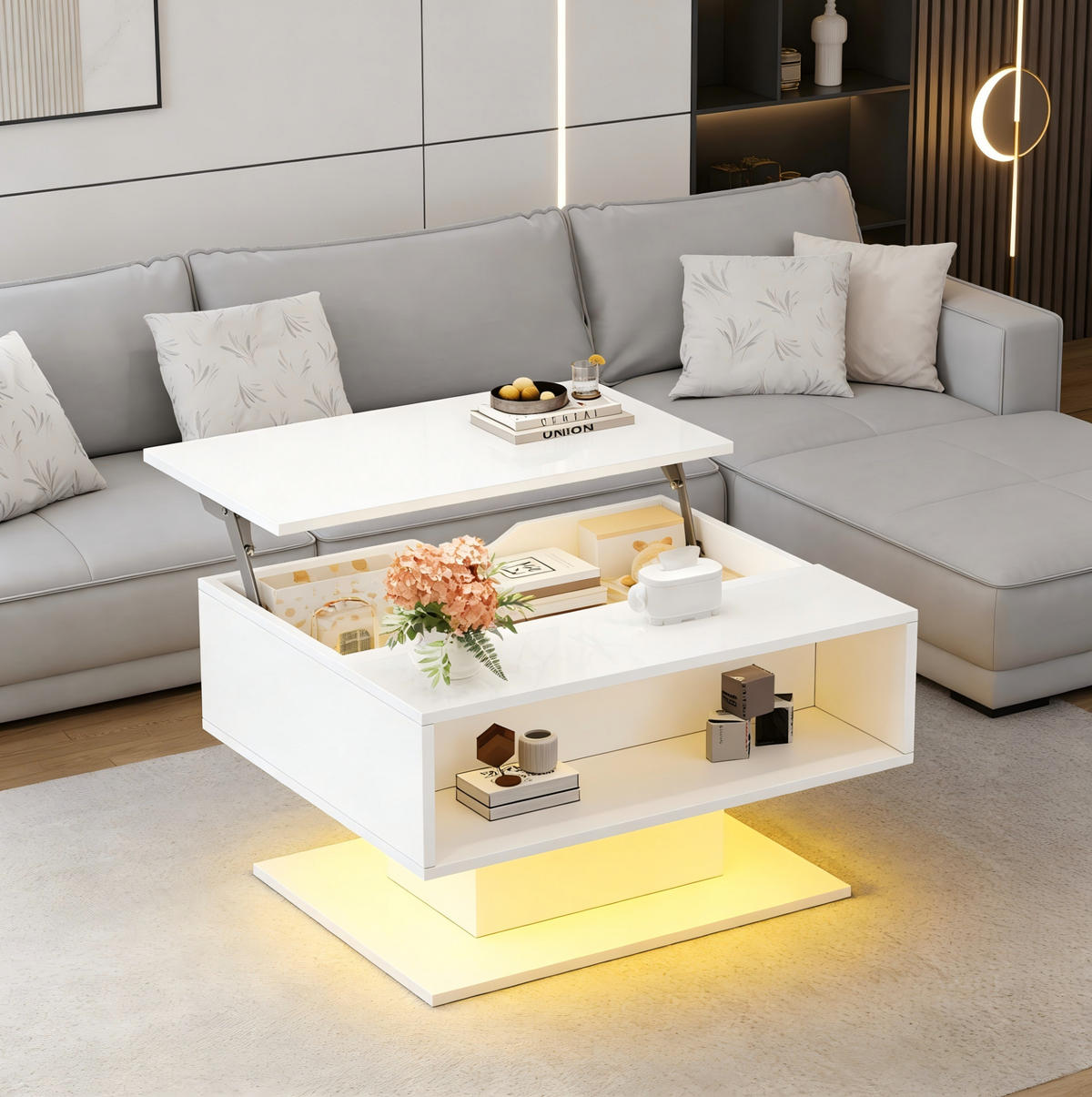 COUCHTISCH 80/75/40 cm mit Hubfunktion und LED-Beleuchtung in Weiß - Weiß, Holzwerkstoff (80/75/40cm) - Flora Grace