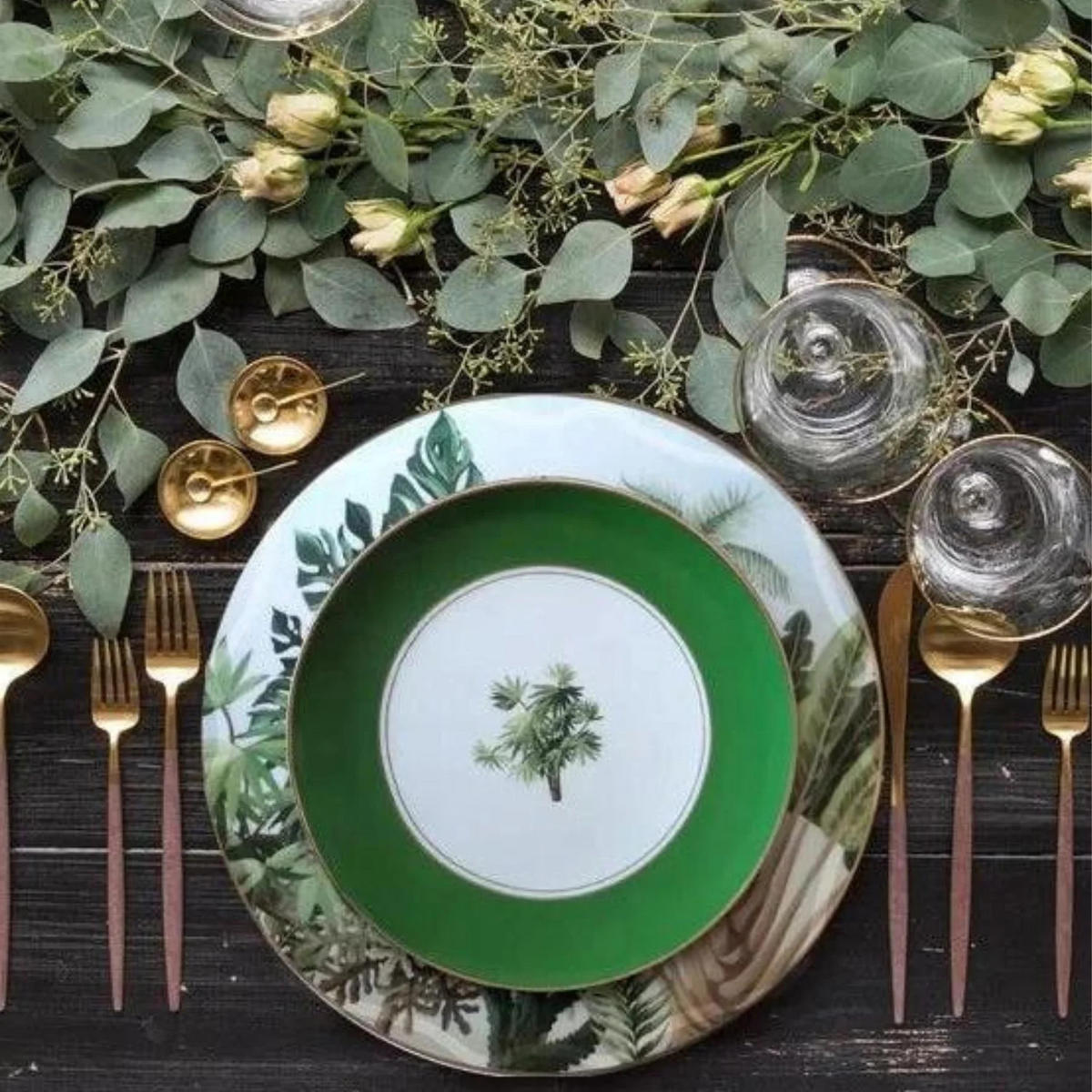 TELLERSET Tropisch Grün Bone China Grün Gold 4tlg Ø30 Ø27 Ø20 Ø16 cm - Weiß Hochglanz/Goldfarben, Keramik (30/2/2cm) - Quality Elegance