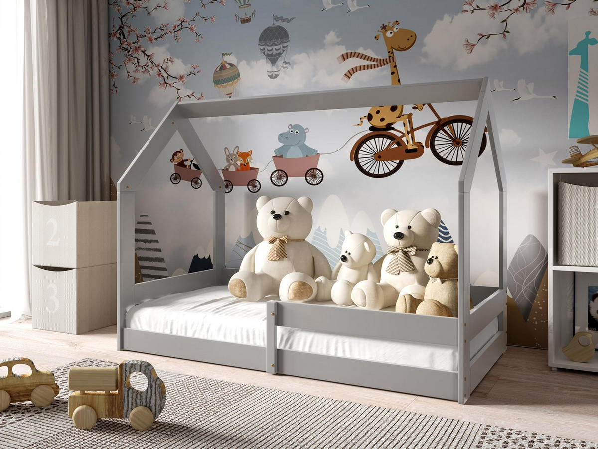 HAUSBETT Dolly mit Matratze, Rausfallschutz 160x80cm - Grau, Holz (80/124/160cm) - VENASI MÖBEL