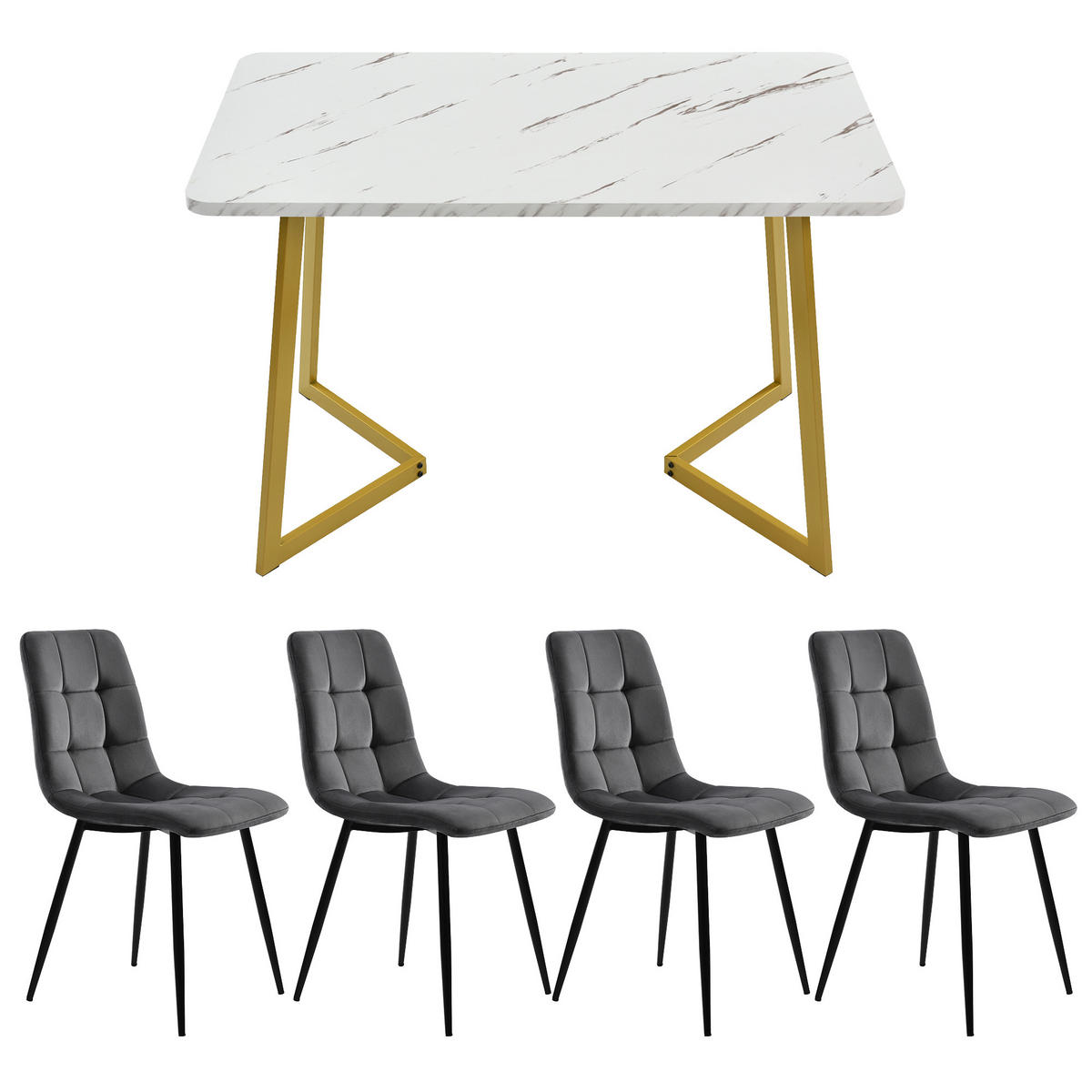 ESSTISCHSET 117 Cm Mit 4 Stühlen, Rechteckig, Dunkelgrau Samt, Gold - Grau, Holzwerkstoff (117/75/68cm) - FLIEKS