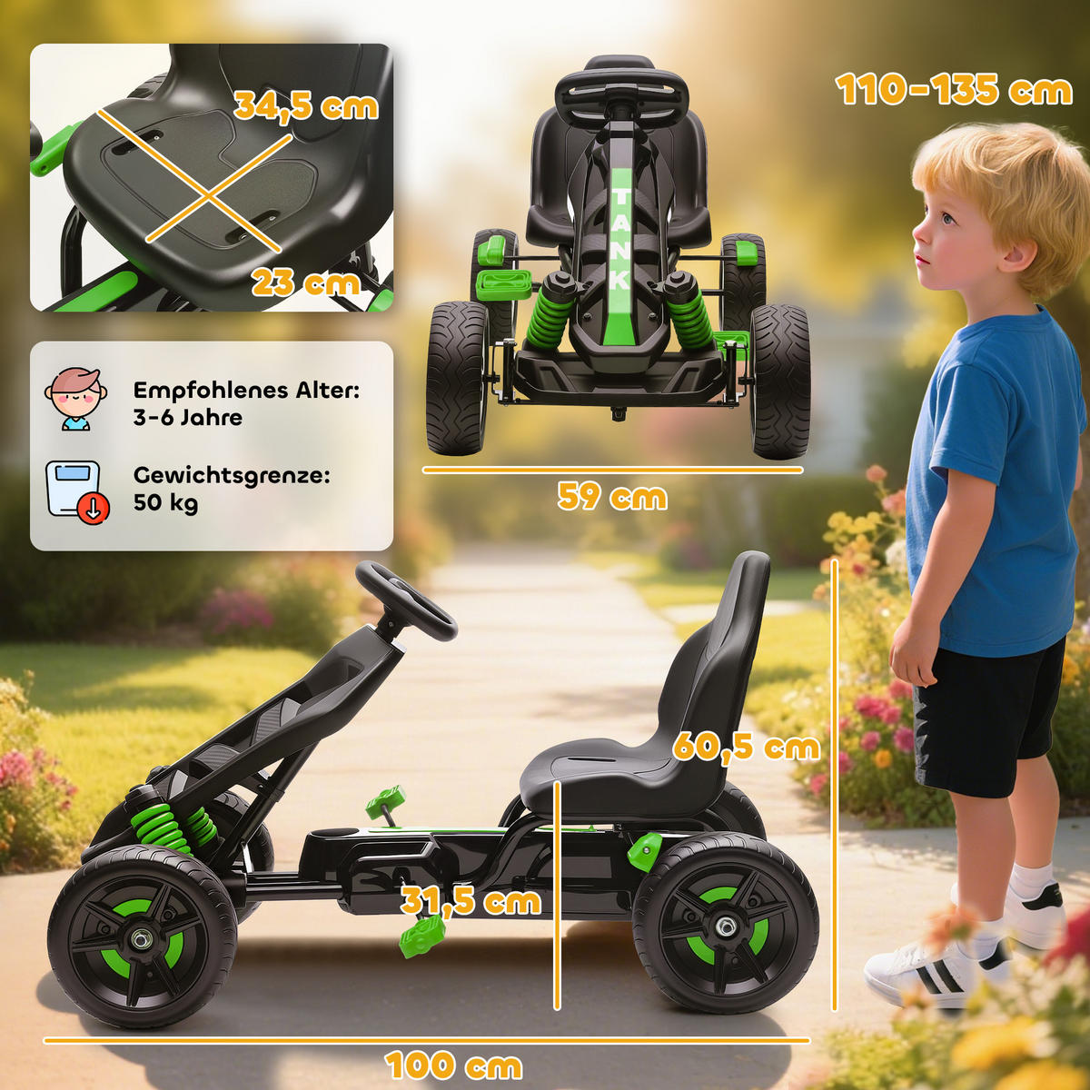 KINDER-GOKART Kunststoff Metall Grün - Grün, Kunststoff (100/59/60.5cm) - AIYAPLAY