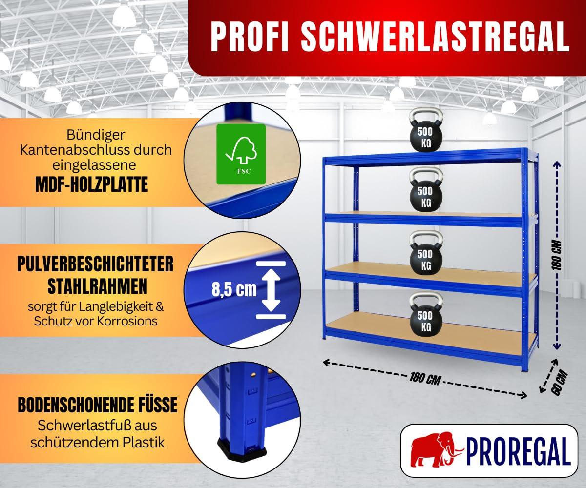 SCHWERLASTREGAL Dino 180x180x60 cm Fachlast 500 kg Blau - Blau, Metall (180/180/60cm) - PROREGAL