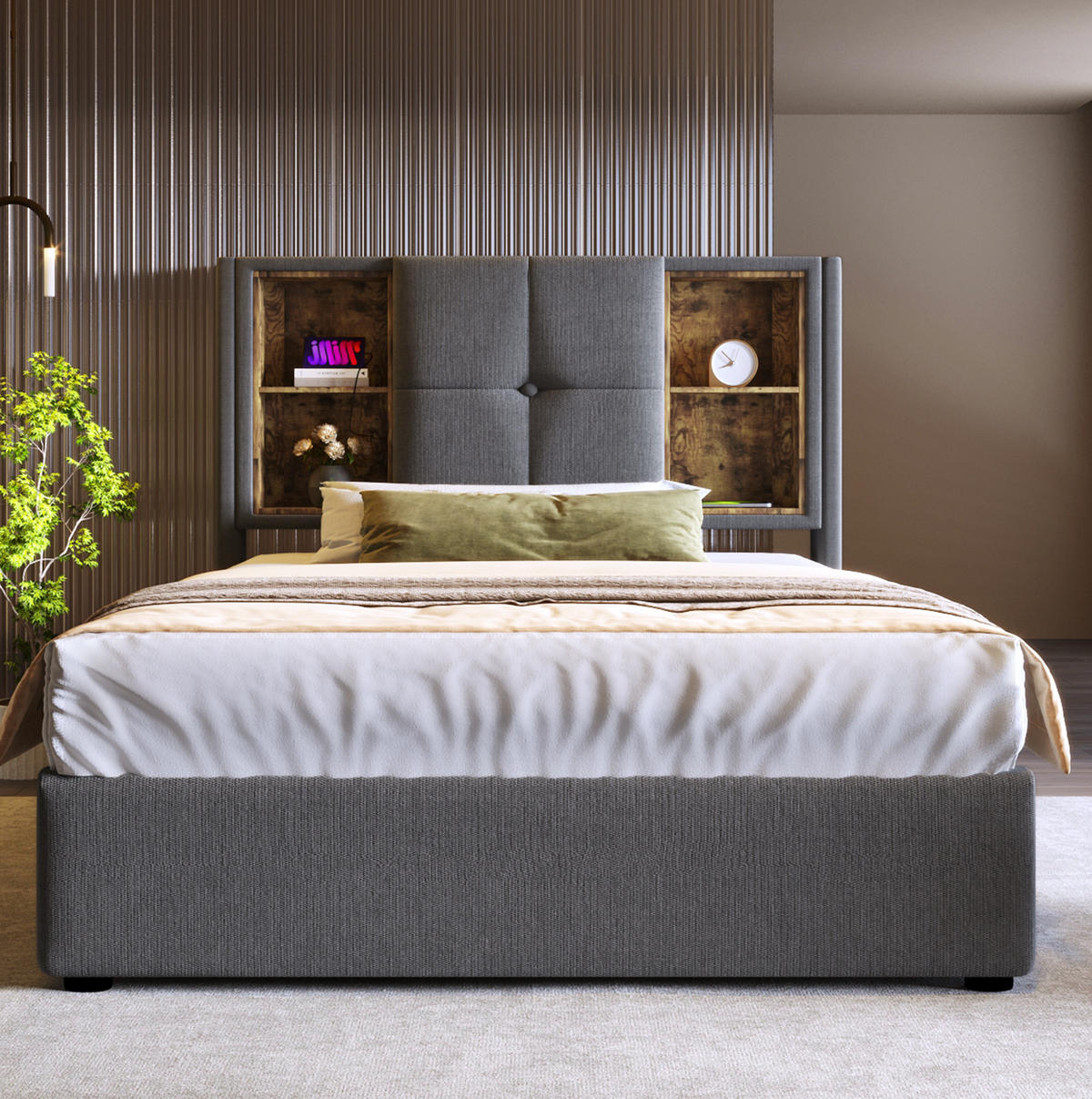 BETT mit Bettkasten und Ladestation 90x200 cm Baumwolle Grau inkl. Matratze - Grau, Metall (90/200cm) - Meubliv