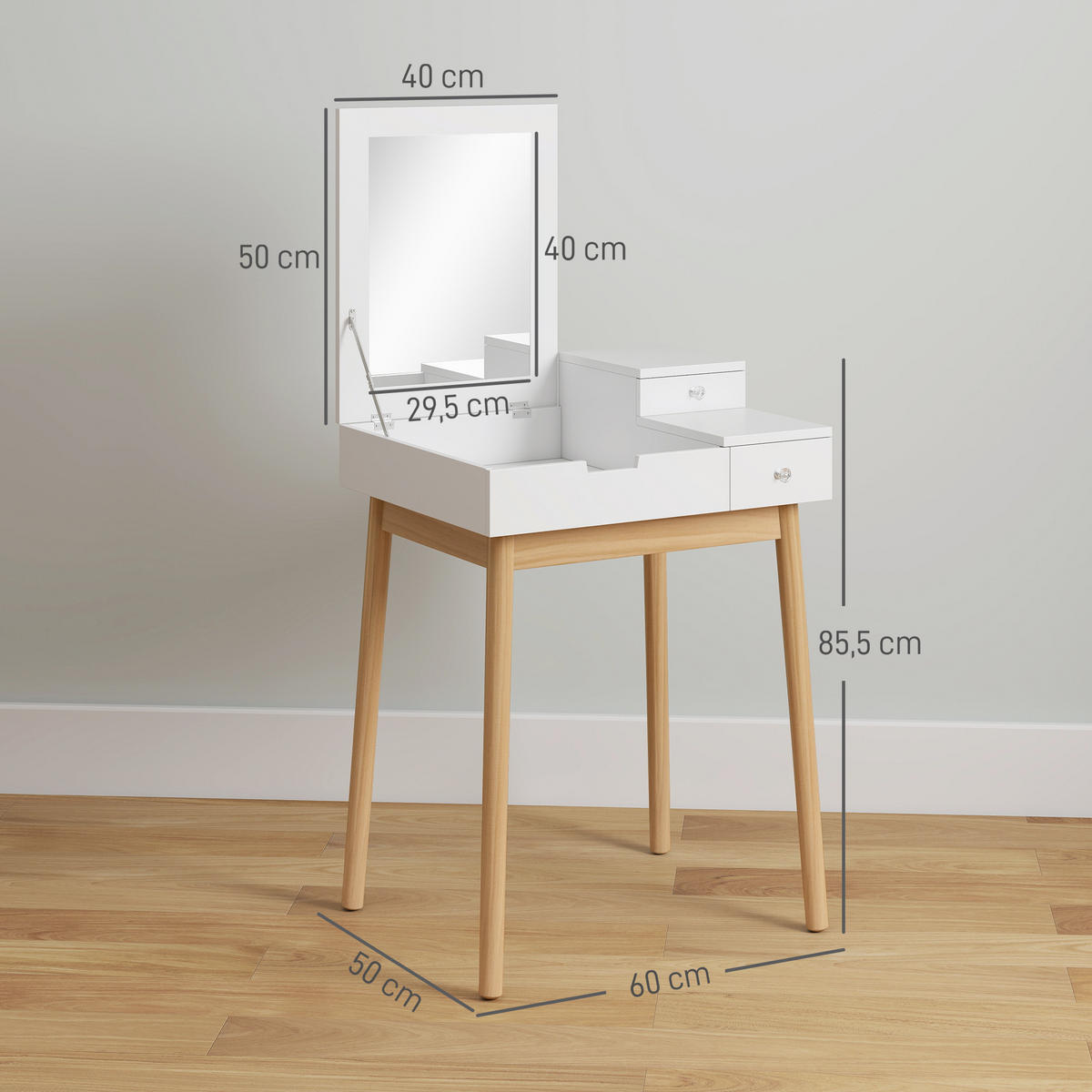 SCHMINKTISCH DE-18312 klappbarer Spiegel, 2 Schubladen, kompakt Weiß - Weiß, Holzwerkstoff (50/85.5/60cm) - ComfortXL