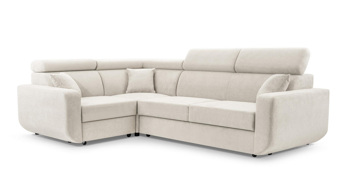 ECKSOFA RENO Beige Plüsch-Stoff mit Schlaffunktion - Beige, Holz (263/184cm) - MASSENO