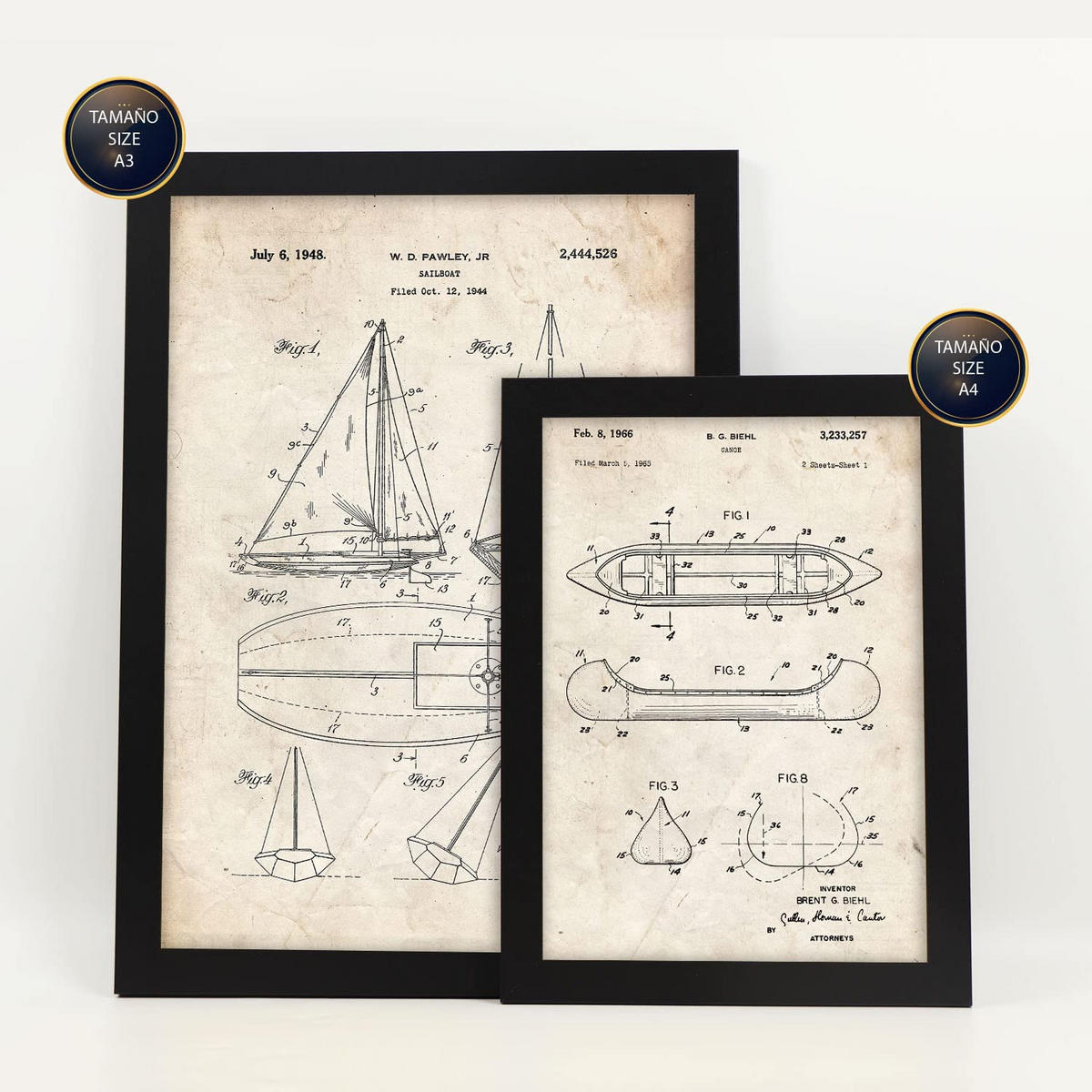 POSTER Set Mit 6 Plakaten Mit Boot Patenten Im Vintage Stil A3 & A4 Schwarzer Rahmen - Schwarz, Papier (29/3cm) - Nacnic