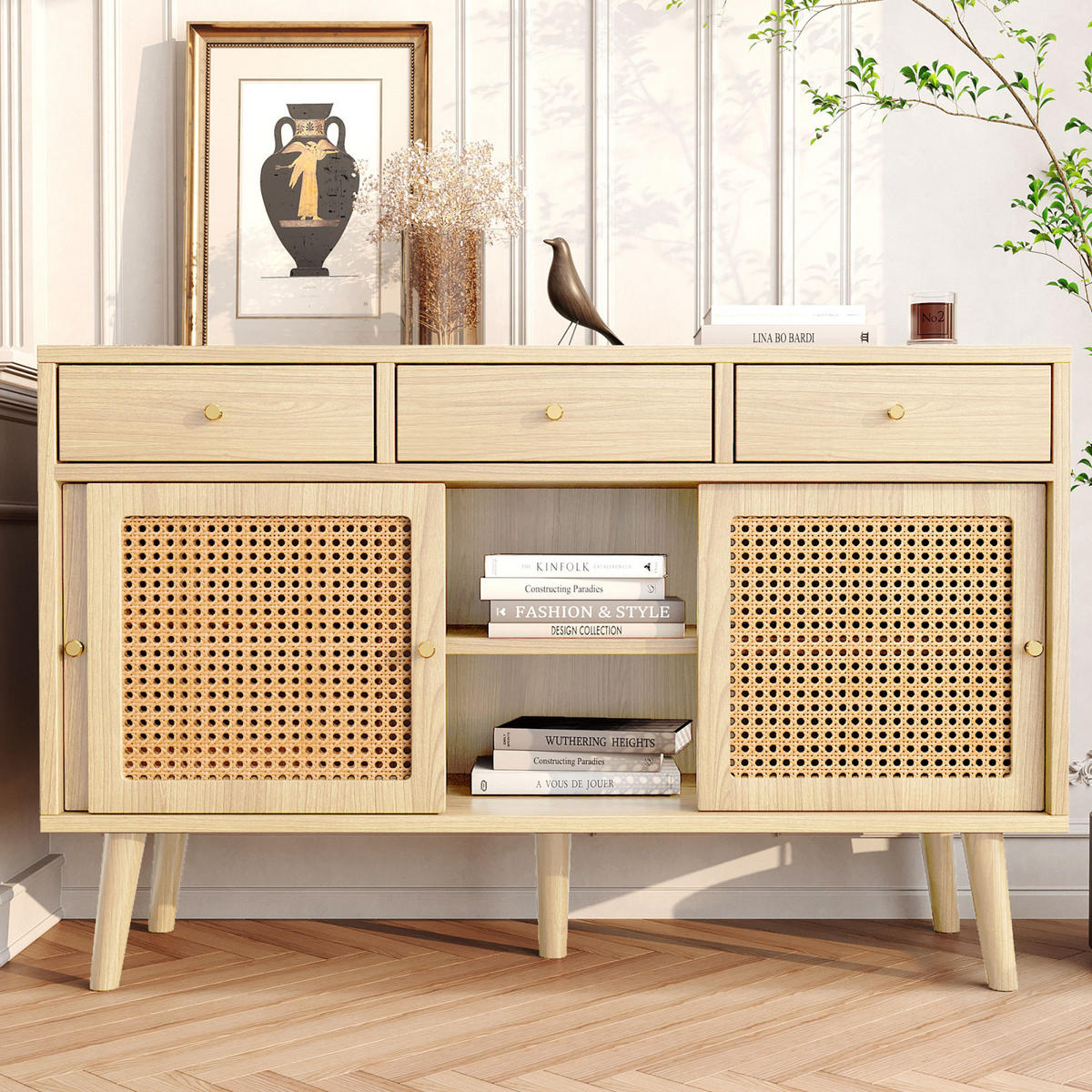 SIDEBOARD 120x40x78 cm, 3 Schubladen, Schiebetüren, Eiche - Kastanienfarben, Holz (120/78/40cm)