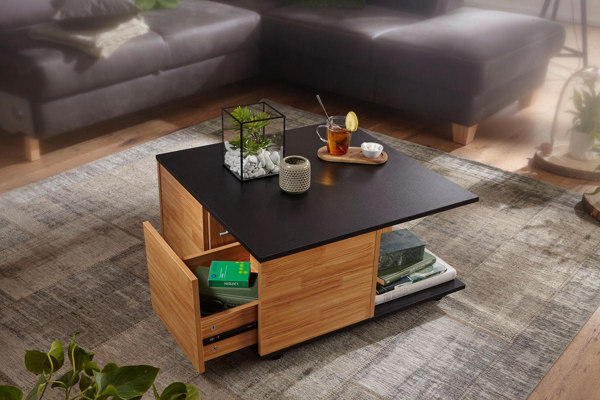 COUCHTISCH mit Rollen, Melaminharzbeschichtung und 2 Schubladen, Anthrazit 70x70x36 cm - Anthrazit/Schwarz, Holz (70/70/36cm) - KADIMA DESIGN