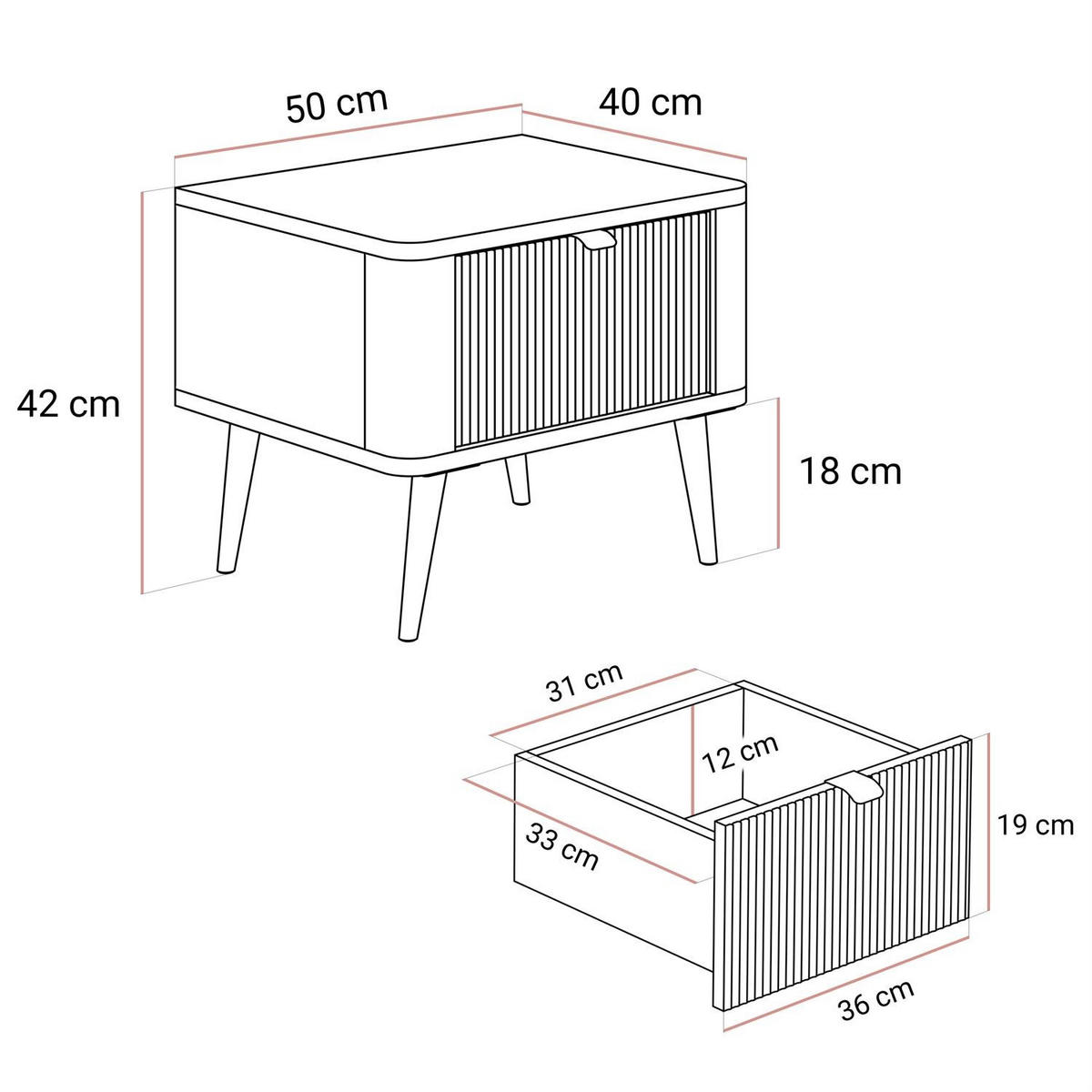 NACHTTISCH AUTUMN auf hohen Beinen, Kaschmir / Grauer Stein - Beige/Schwarz, Holzwerkstoff (50/42/40cm) - Lookway