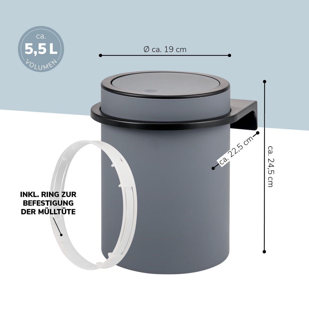 KOSMETIKEIMER SAVONA,5 Liter, grau - Grau, Kunststoff (19/24.5/19cm) - bremermann