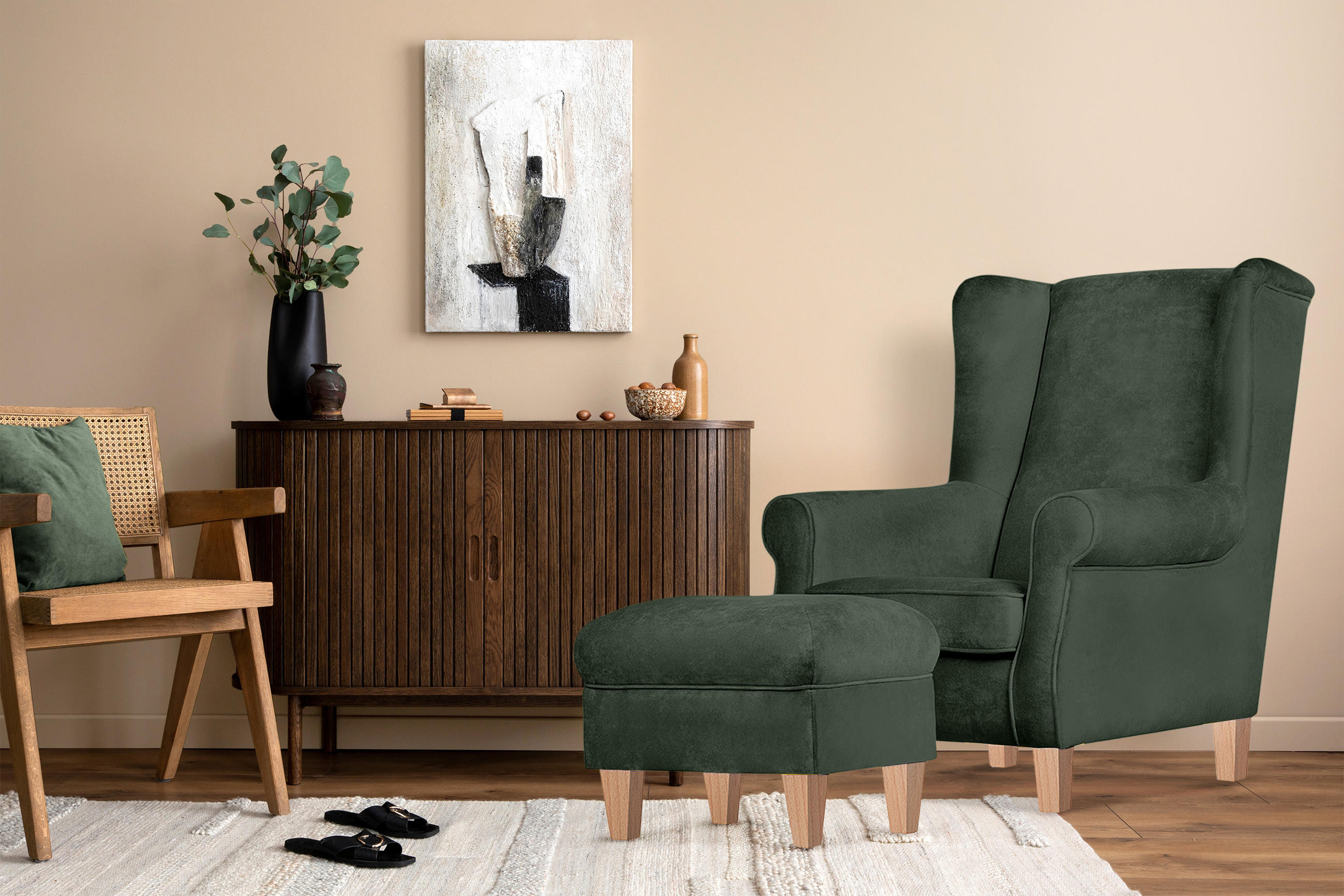 OHRENSESSEL MILES mit Sitzhocker, grün - Eichefarben/Grün, Holzwerkstoff/Buchenholz (82/105/97cm) - KONSIMO®