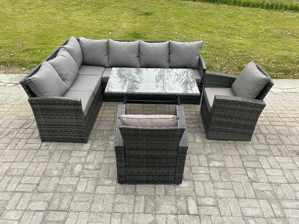 SITZGRUPPE mit Ecksofa,2 Stuhl Polyrattan Dunkelgrau 8-Sitzer - Dunkelgrau/Grau, Glas/Kunststoff - Fimous