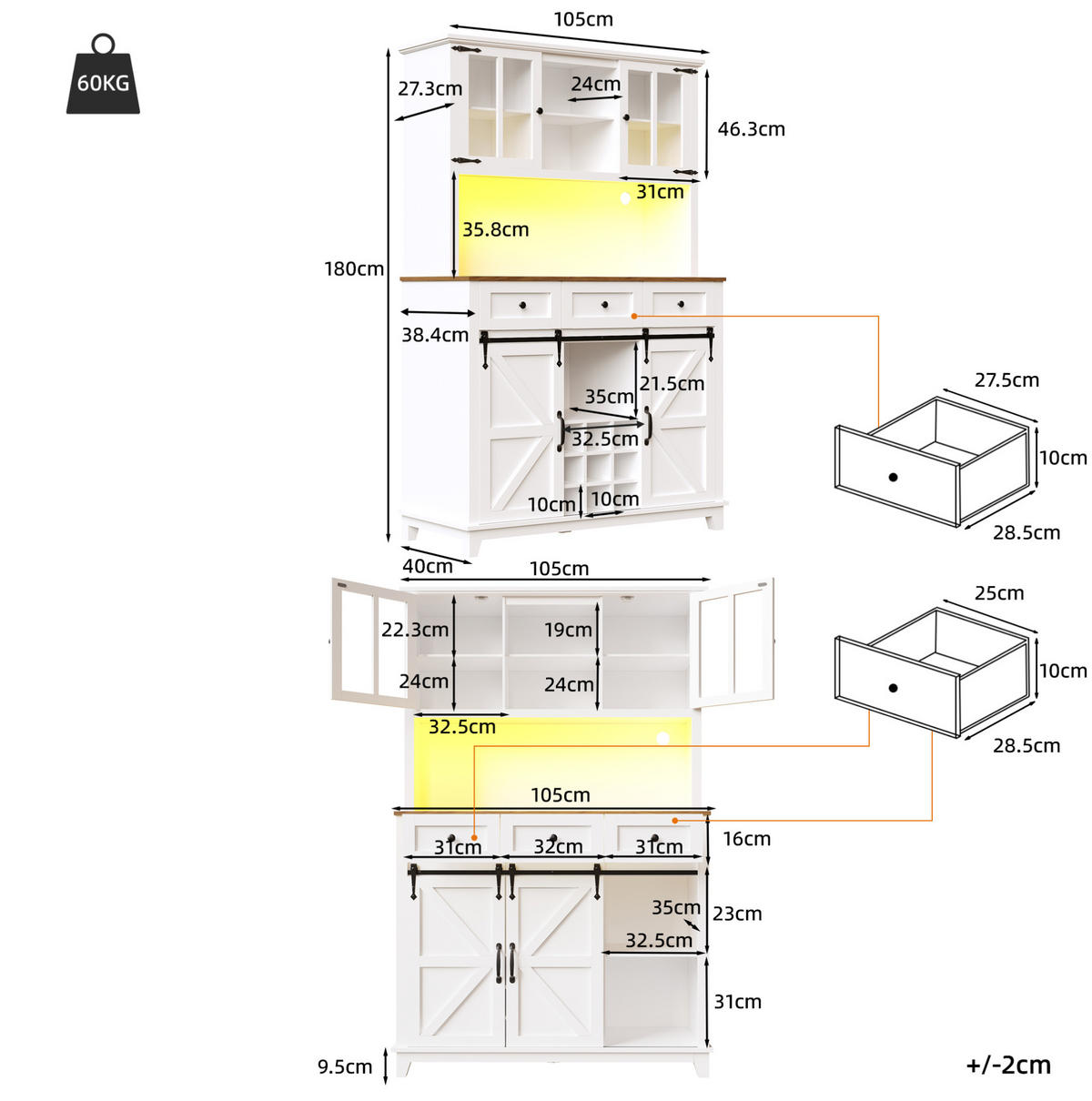 BUFFET 105/38,4/180 cm Weiß aus MDF mit LED - Weiß, Holzwerkstoff (105/180/38.4cm) - OKWISH