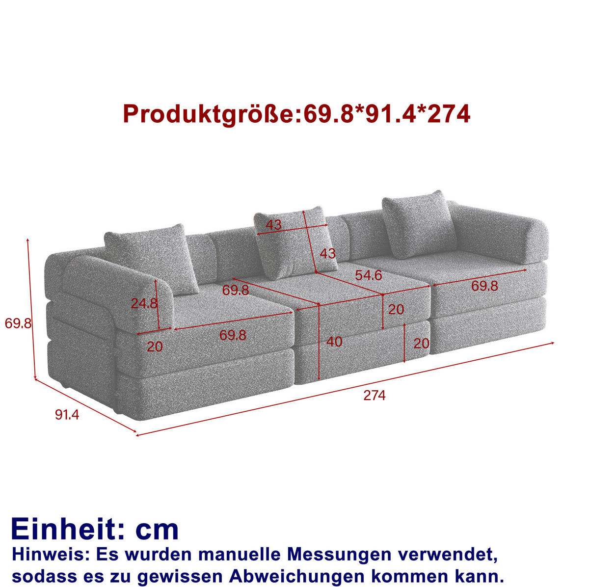 SCHLAFSOFA Chenille 2-in-1 mit Armlehnen-Ablagefach Grau - Grau, Textil (274/69.8/91.4cm) - OKWISH