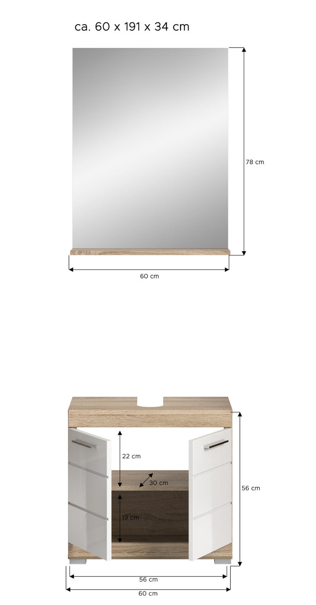 BADMÖBEL-SET weiß Hochglanz, Eiche 2-teilig 60 cm, Kombination mit Spiegel - Weiß Hochglanz/Eichefarben, Holzwerkstoff (60/191/34cm) - Inn.Furn
