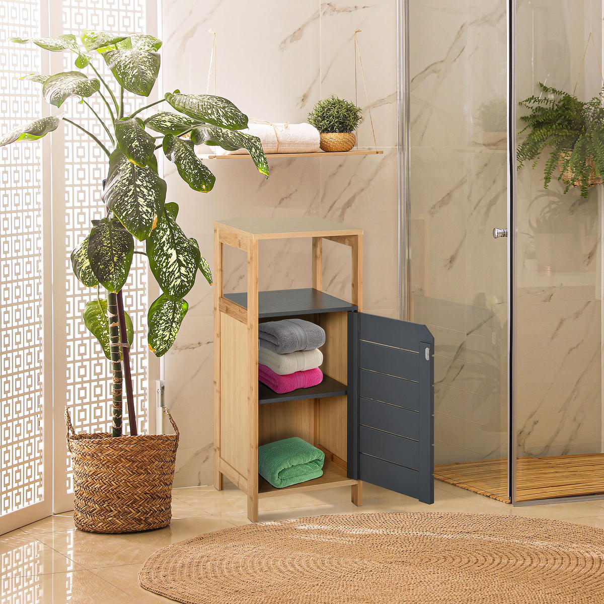 MIDISCHRANK DE-12325 32/30/80 cm mit Tür und Schublade Bambou und Grau - Grau, Holzwerkstoff (30/80/32cm) - ComfortXL