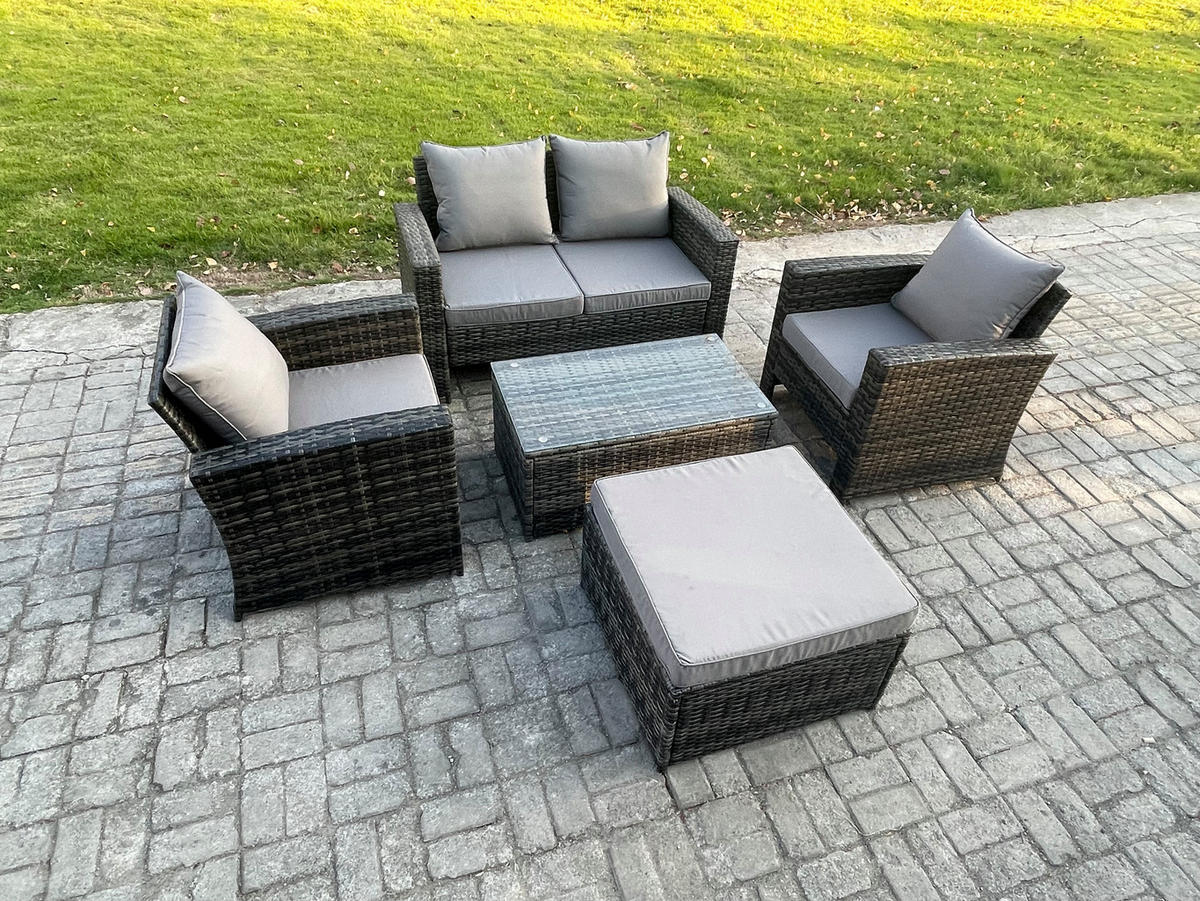 GARTENGARNITUR Polyrattan Dunkelgrau 9-Sitzer - Dunkelgrau, Metall - Fimous