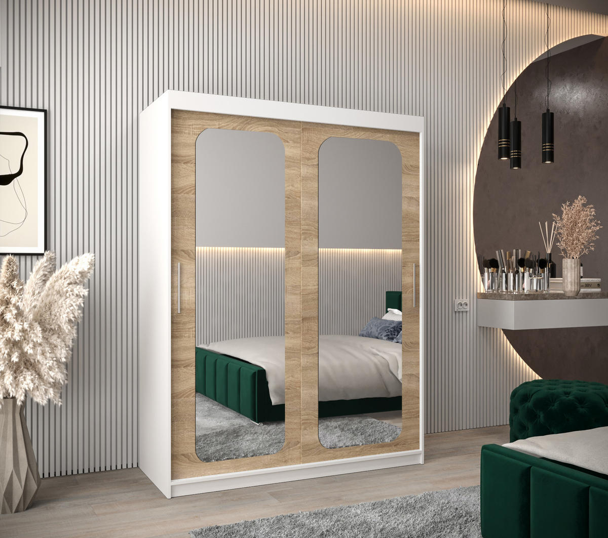 SCHWEBETÜRENSCHRANK 200/150/62 2-türig - Silberfarben/Weiß, Holz/Kunststoff (150/200/62cm) - Abiks Möbel