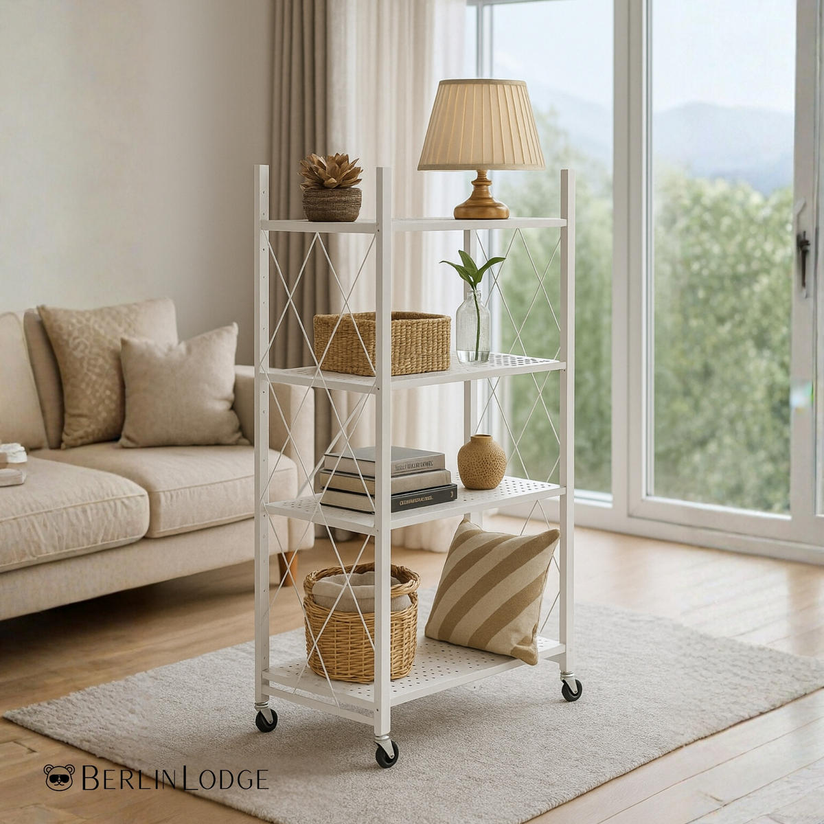 KLAPPREGAL auf Rollen 4 Fachböden Belastbarkeit 200kg 127x72x34 cm Weiß - Weiß, Metall (72/127/34cm) - PROREGAL