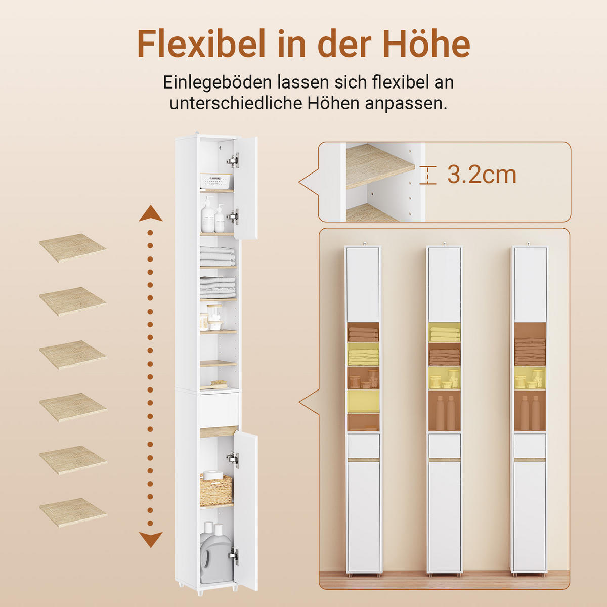 HOCHSCHRANK schmal Badschrank Weiß-Natur 20x20x180 cm - Weiß/Naturfarben, Holzwerkstoff (20/180/20cm) - SoBuy