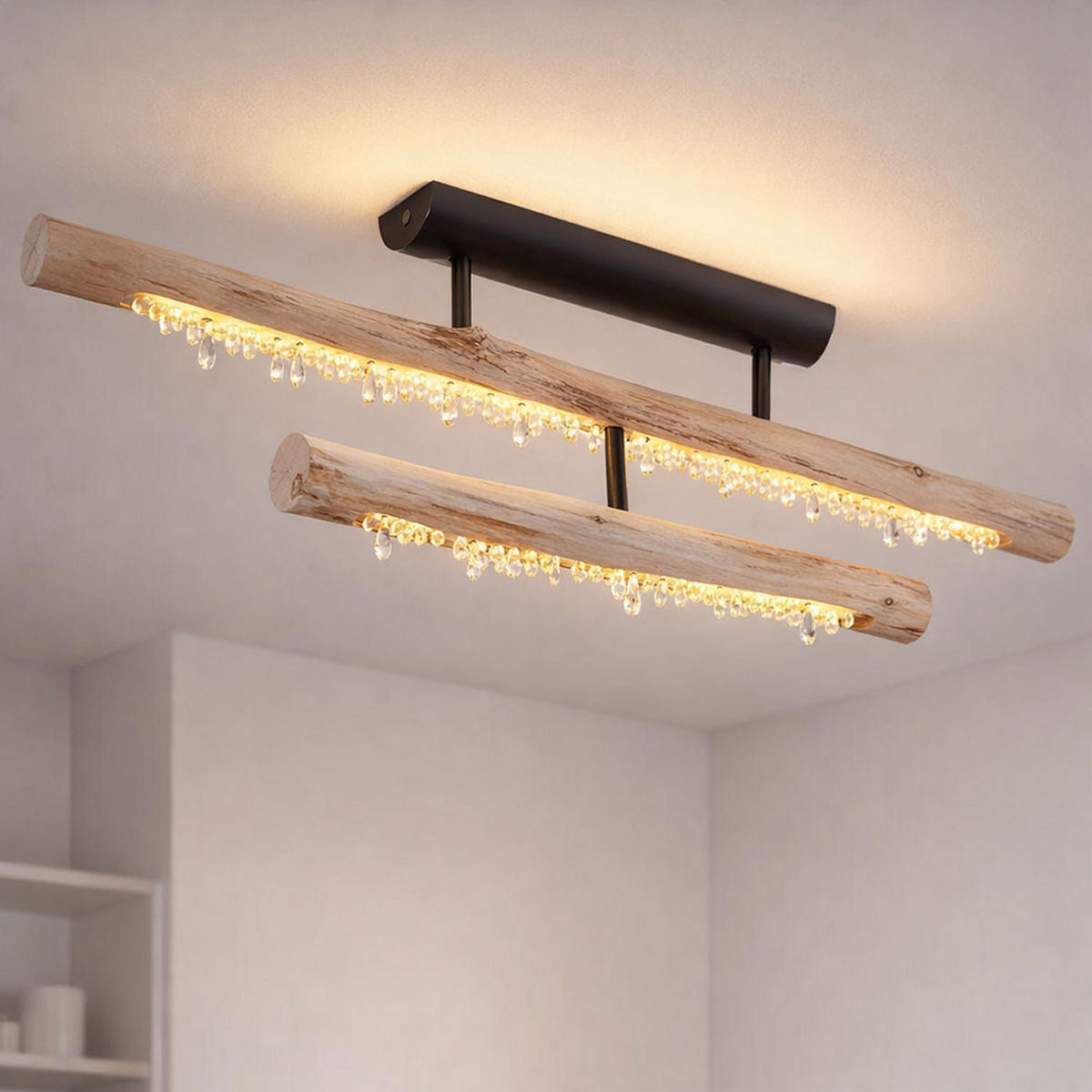LED DECKENLEUCHTE Felicitas Schwarz Kristalloptik - Schwarz, Holz (100/8/30cm) - Globo Lighting