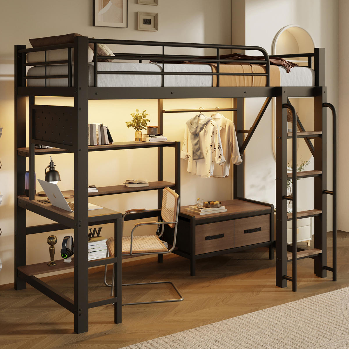 HOCHBETT aus Stahl und MDF 90x200 cm Schwarz mit Schreibtisch, LED-Beleuchtung und Stauraum - Schwarz, Holzwerkstoff (90/200cm) - Modfu