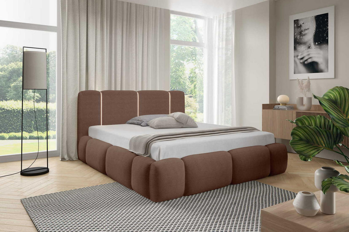 DOPPELBETT 200x200 Avelin mit Bettkasten, LED, Bouclé, Braun - Braun, Holz/Metall (200/200cm) - Emporius