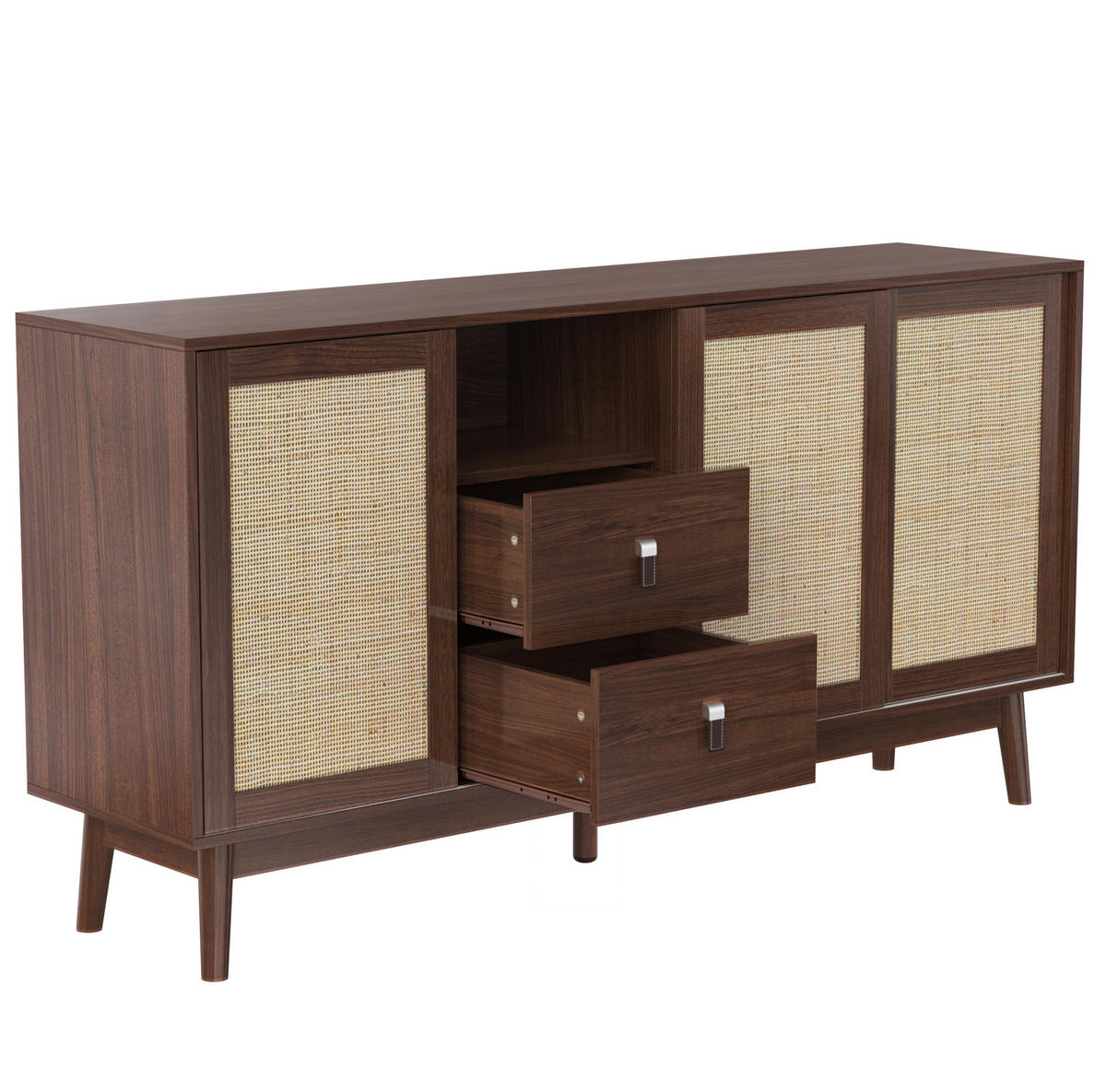 SIDEBOARD 155/38/80 cm dunkles Holz aus MDF mit Rattan-Schiebetüren - Nussbaumfarben, Holzwerkstoff (155/80/38cm) - OKWISH