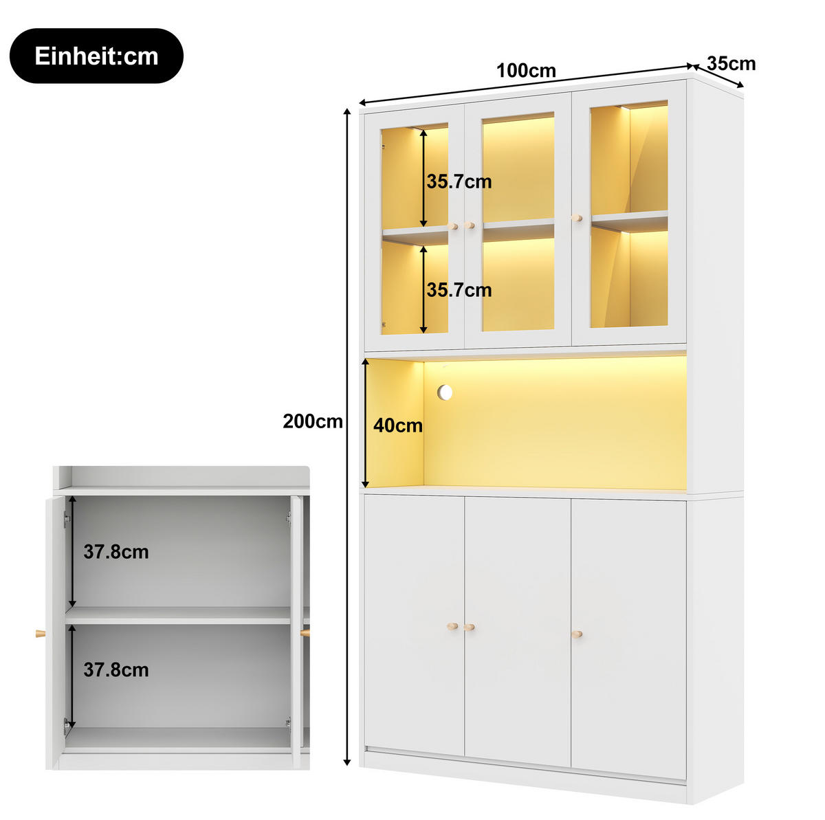BÜCHERSCHRANK aus MDF 100x35x200 cm Weiß mit Glasvitrine, LED-Beleuchtung und 3 Türen - Weiß, Holzwerkstoff (100/200/35cm) - IVMEU