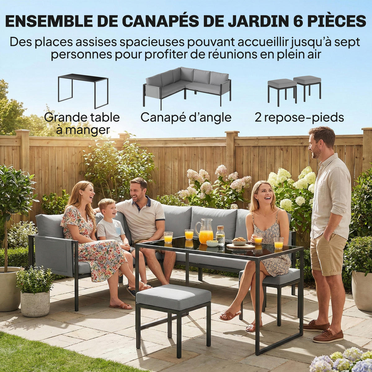 GARTENSET DE-13519 6-teilig mit Tisch & 2 Hockern Grau - Grau, Metall - ComfortXL