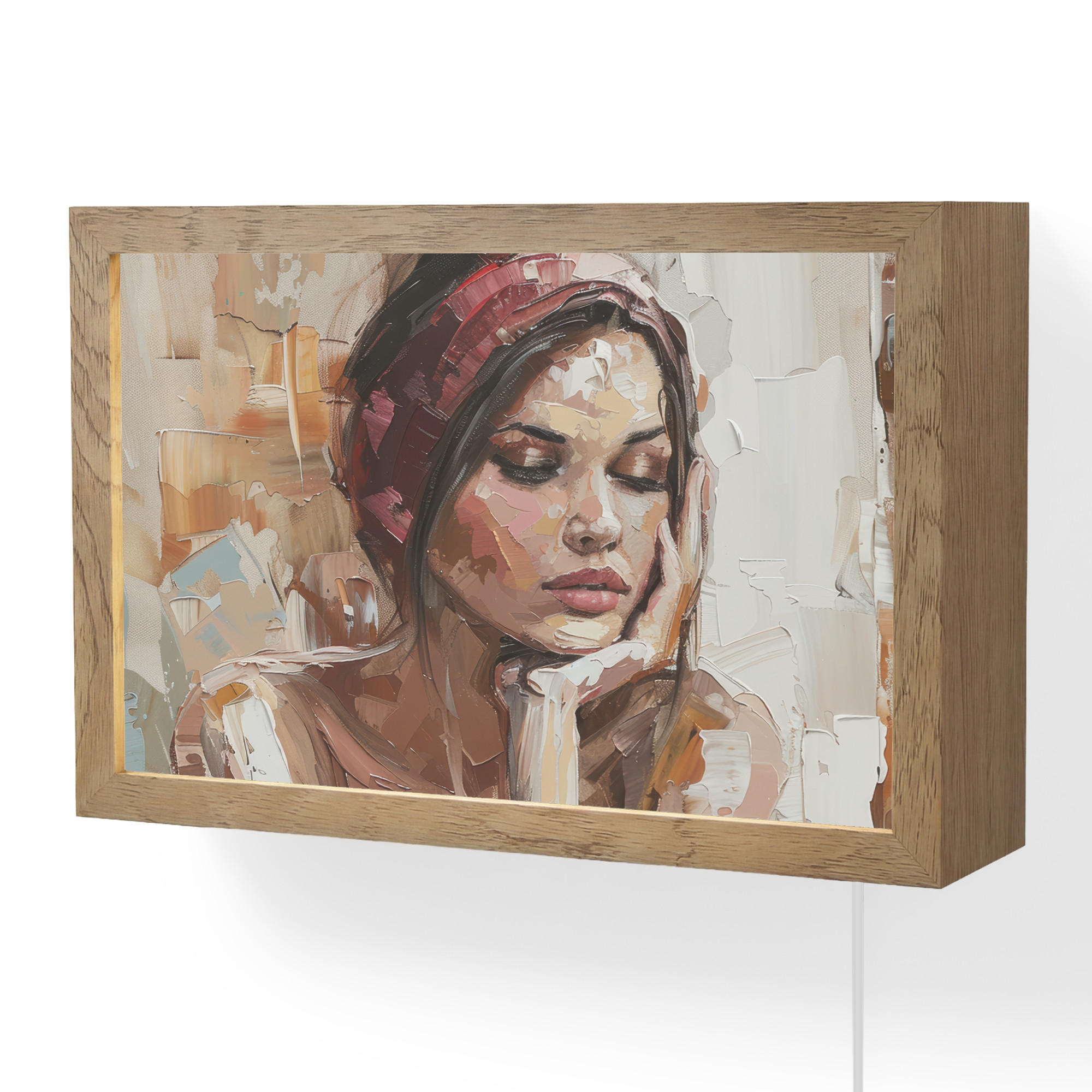 NÁSTĚNNÁ LAMPA Žena - vzhled malby - portrét - moderní 30x20 cm - hnědá, kompozitní dřevo (30/20/8cm) - OnlyWow