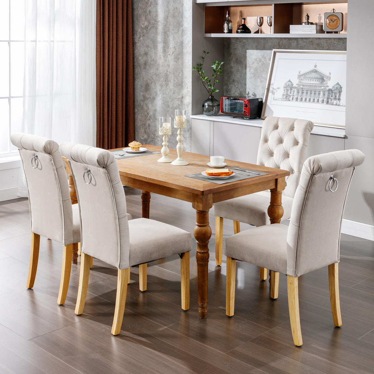 STUHL-SET DE-35663 4 Stück mit Knopfakzenten und Eichenbeinen Beige - Beige, Holz (43/100/63cm) - ComfortXL